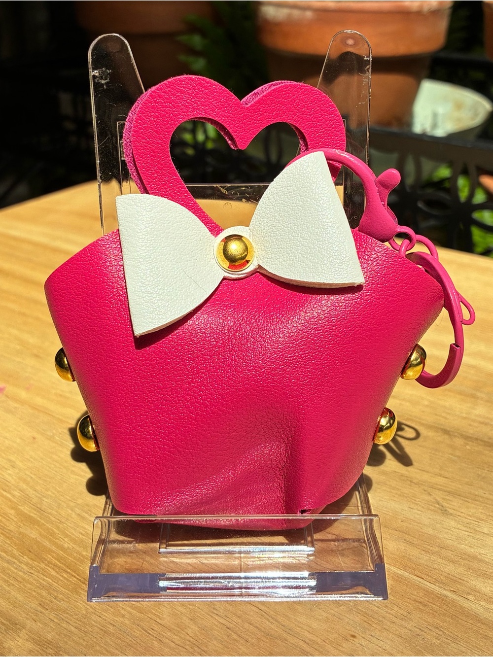 Hot Pink Mini Heart-Handle Bag Charm with White Bow